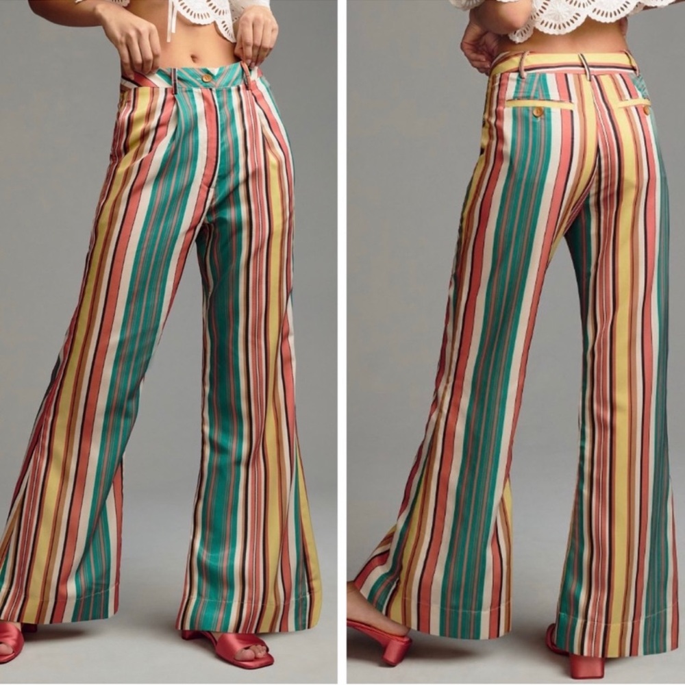 Anthropologie Tiny Camelia Wide Leg Striped High Rise Pants Size 4 Retro Groovy